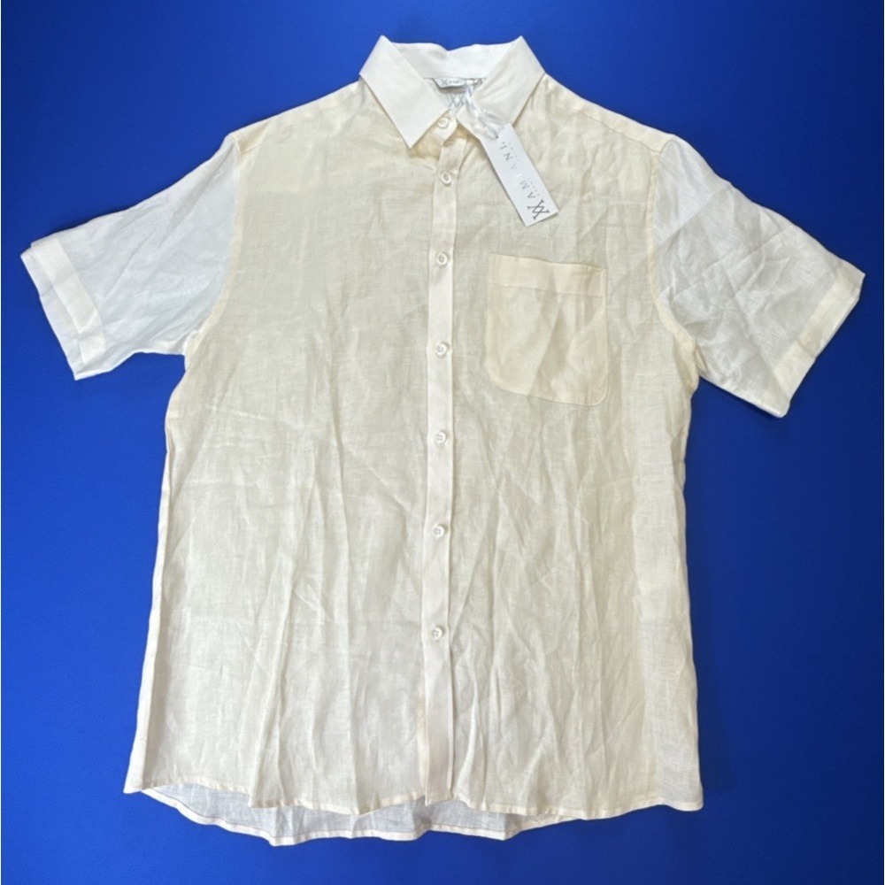 Amiani Mens 100% Linen Button Down Shirt Short Sleeve Yellow Resort Wear Size M